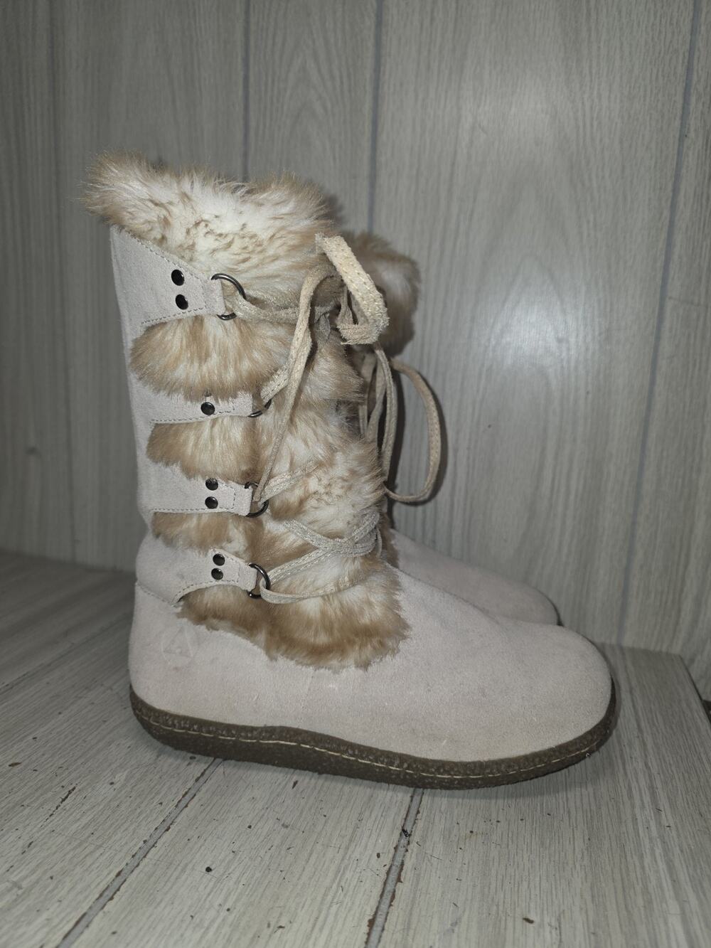 AIRWALK Suede Leather Winter Boots 7 Sherpa Fur Lining Lace-Up Mid-Calf Beige 7